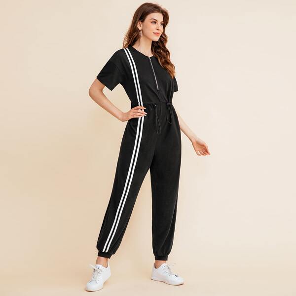 

Zip Front Drawstring Detail Striped Jumpsuit, Black