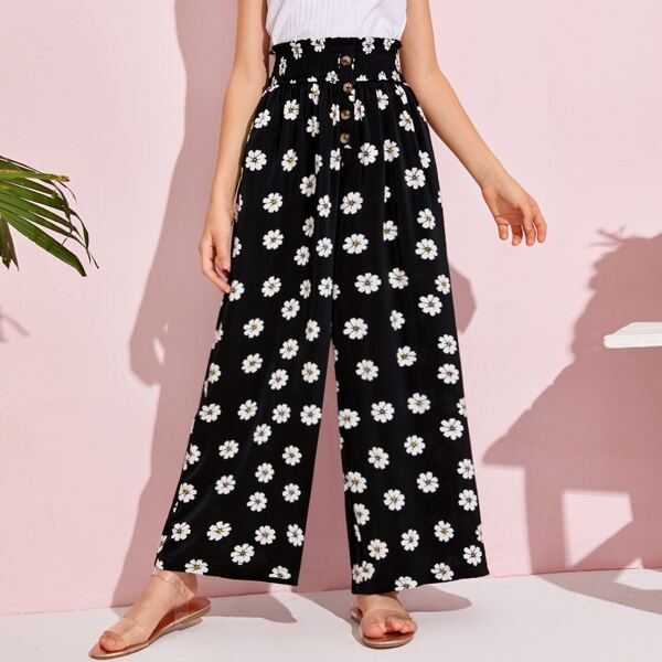 

Girls Daisy Print Shirred Paperbag Waist Wide Leg Pants, Black