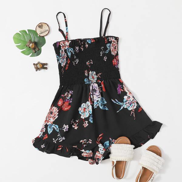 

Girls Shirred Bodice Ruffle Hem Floral Slip Romper, Black