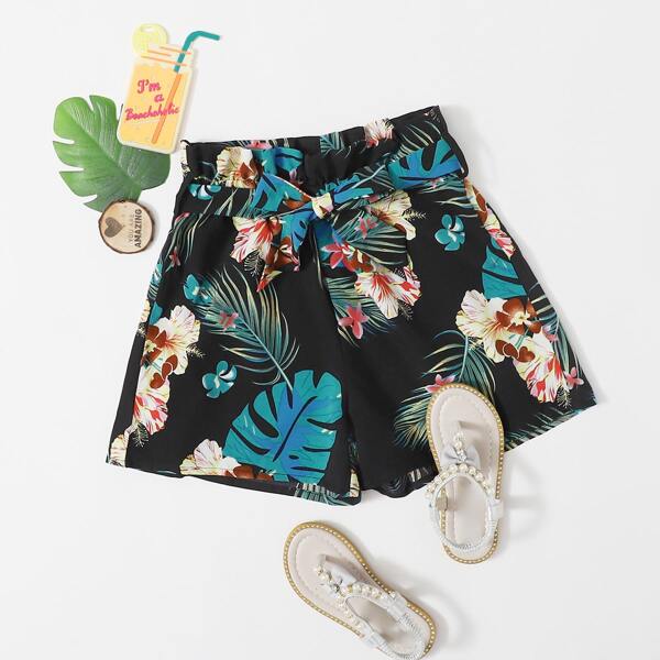 

Girls Paperbag Waist Tropical Print Shorts, Multicolor
