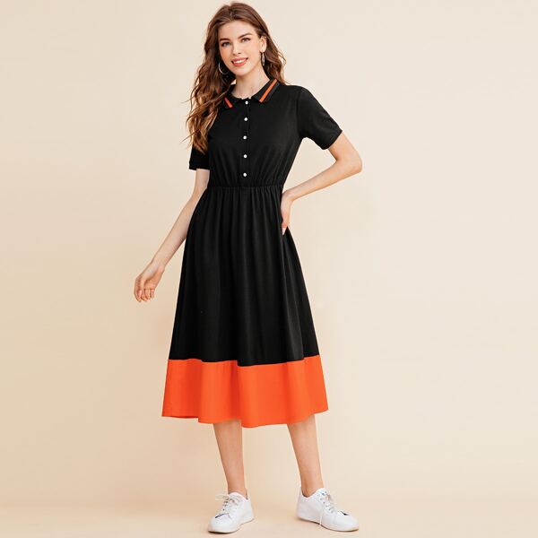 

Striped Collar Buttoned Front Two Tone Dress, Black