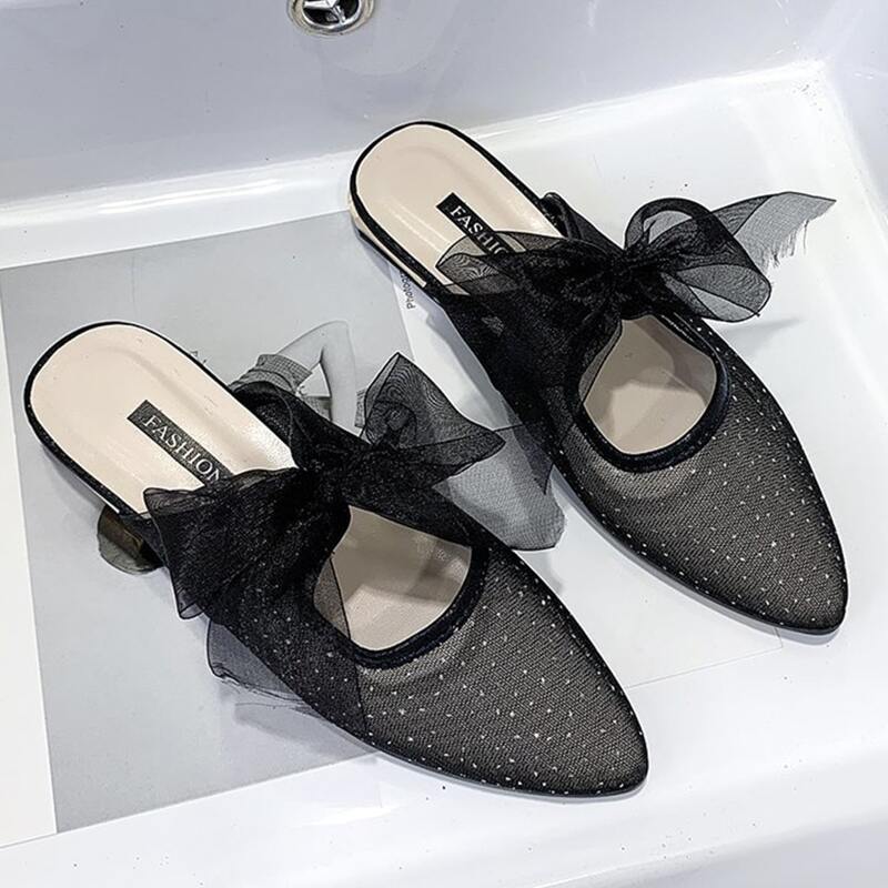 

Glitter Bow Tie Flat Mules, Black