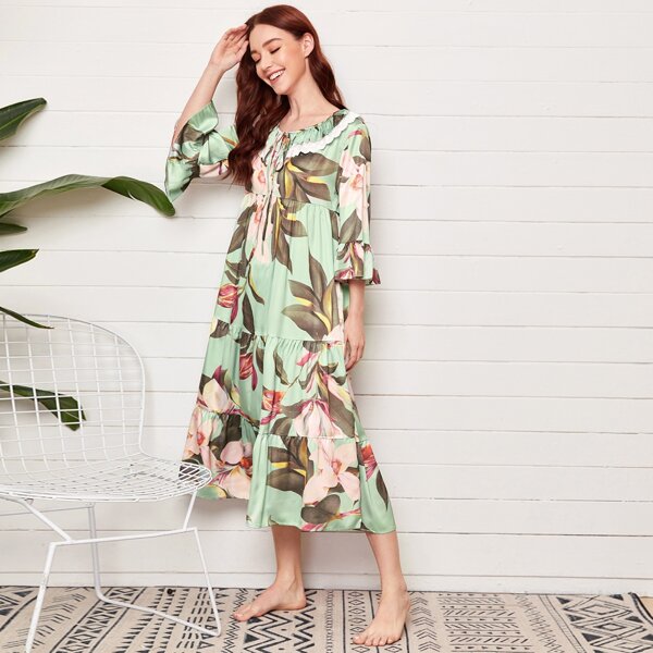 

Embroidered Tie Neck Floral Print Satin Night Dress, Multicolor