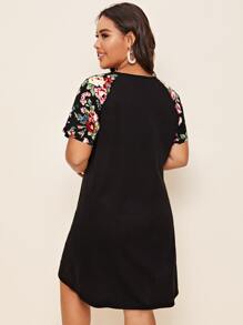 SHEIN LUNE Vestido de manga raglán floral con bolsillo delantero - Negro - Ver 2