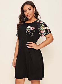 SHEIN LUNE Vestido de manga raglán floral con bolsillo delantero - Negro - Ver 3