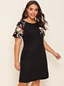 SHEIN LUNE Vestido de manga raglán floral con bolsillo delantero - Negro - Ver 4