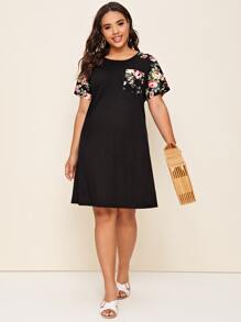 SHEIN LUNE Vestido de manga raglán floral con bolsillo delantero - Negro - Ver 5