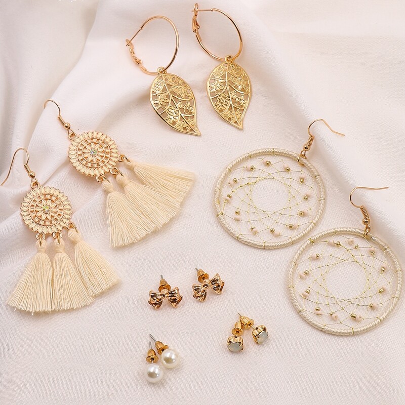 

6pairs Leaf Charm Earrings, Gold