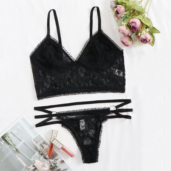 

Floral Lace Lingerie Set, Black