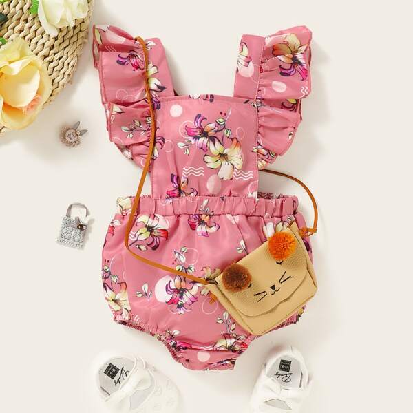 

Baby Girl Floral Print Ruffle Trim Bodysuit, Pink