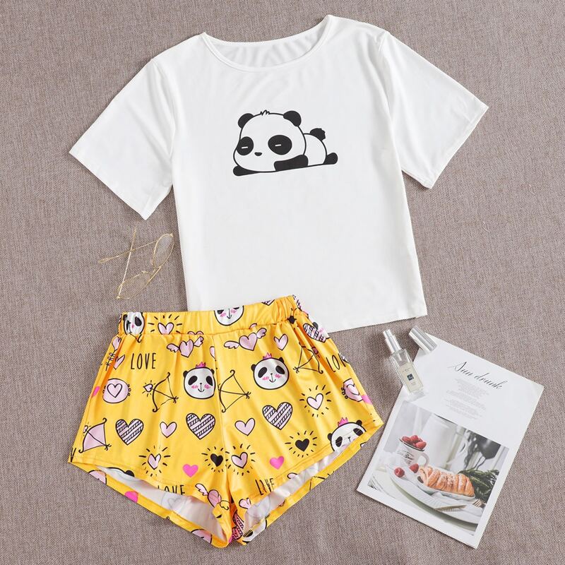 

Cartoon & Heart Print Shorts Pajama Set, Multicolor