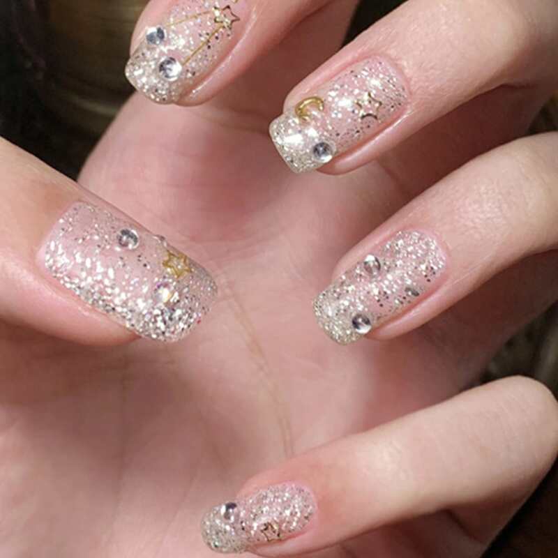 

24pcs Glitter Fake Nail With 1pc Double-side Tape, White