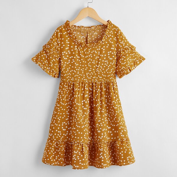 

Girls Confetti Heart Print Ruffle Hem Dress, Mustard yellow