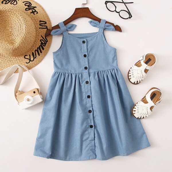 

Toddler Girls Bow Side Button Through Denim Dress, Medium wash