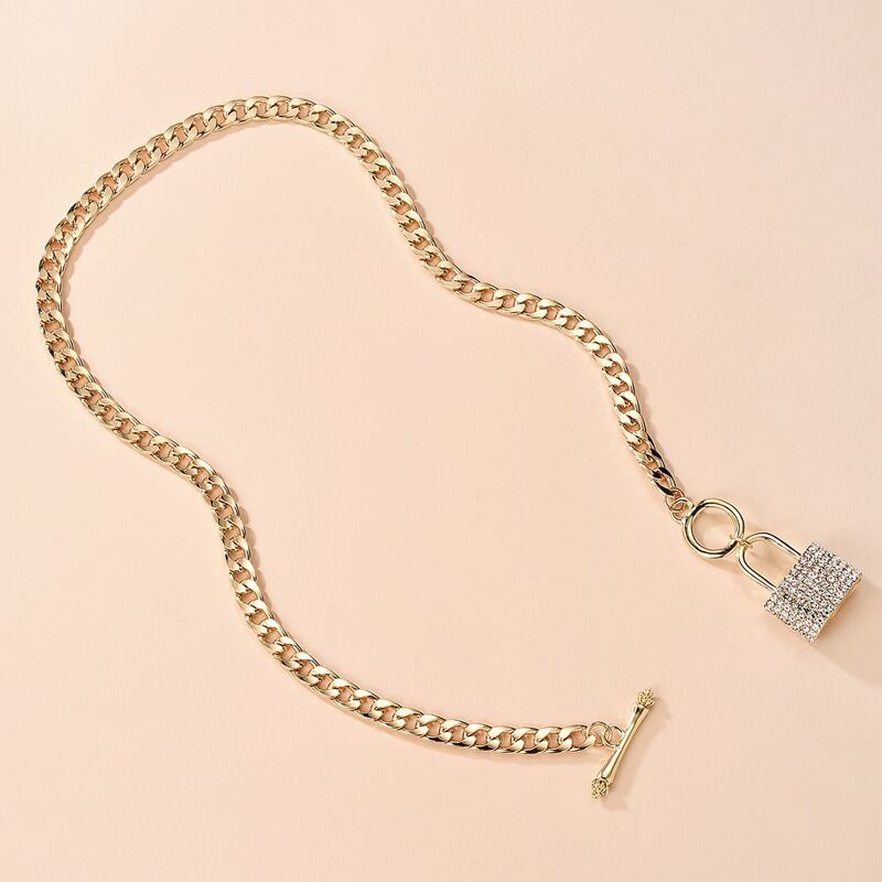 

Rhinestone Lock Charm Necklace, Gold
