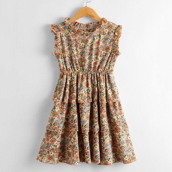 

Girls Floral Print Frill Layered Dress, Multicolor