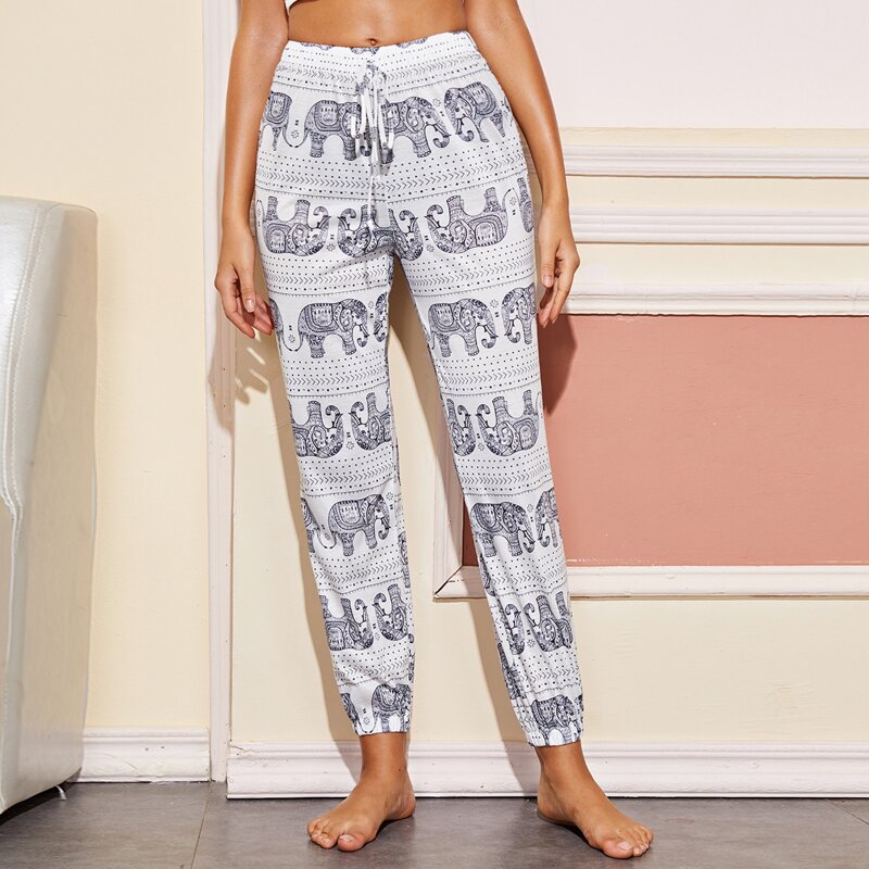 

Knot Front Tribal Print Sleep Pants, White