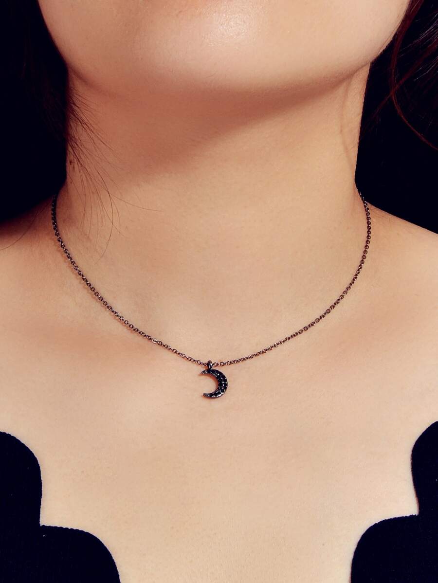 Moon Charm Necklace - Black - View 1