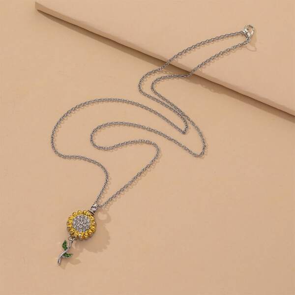 

Rhinestone Flower Charm Necklace, Silver