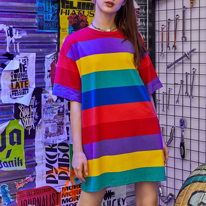 

Rainbow Striped Tee Dress, Multicolor