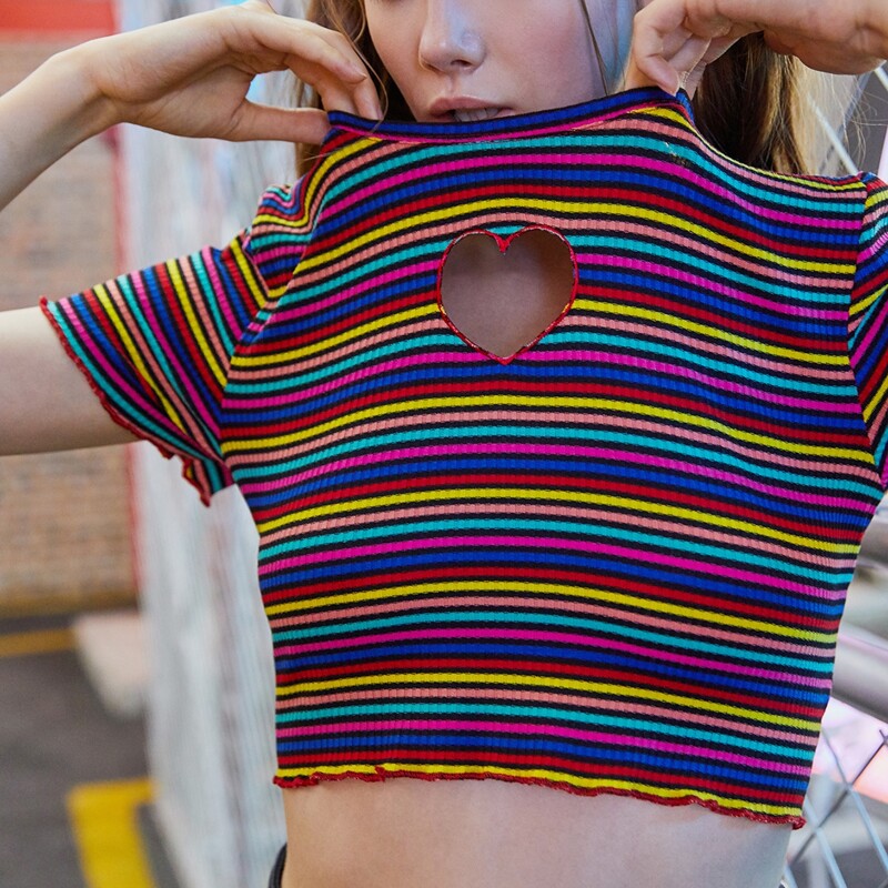 

Cutout Heart Rainbow Striped Tee, Multicolor
