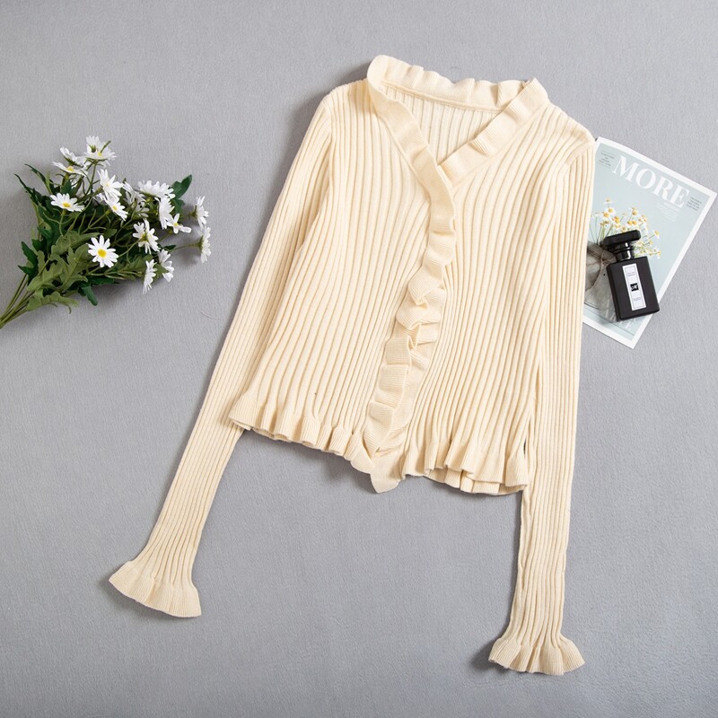 

Flounce Sleeve Ruffle Trim Solid Cardigan, Beige