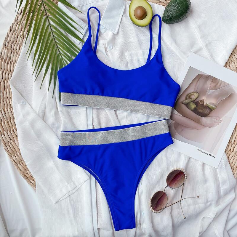 

Contrast Trim High Waisted Bikini Swimsuit, Royal blue bright