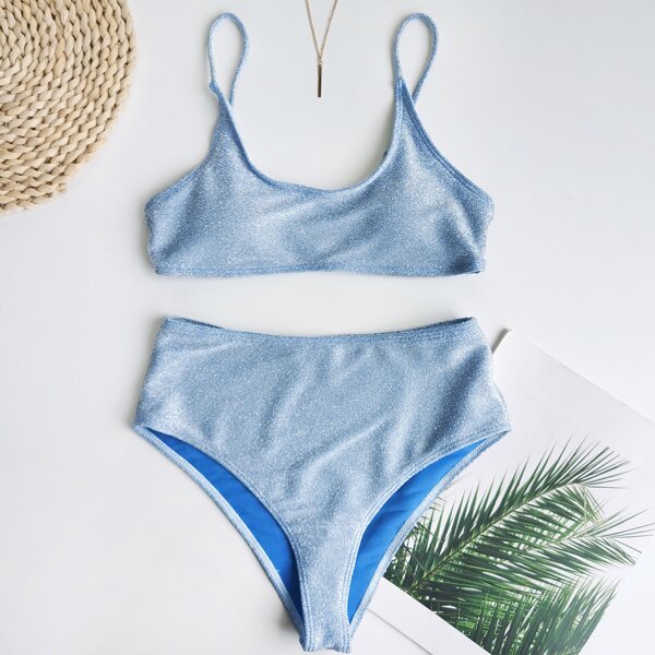 

Glitter High Waisted Bikini Swimsuit, Pastel baby blue