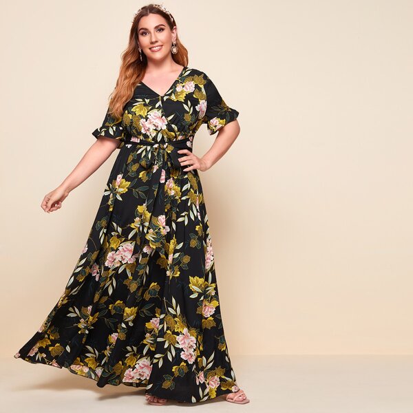 

Plus Surplice Neck Self Belted Floral Dress, Black