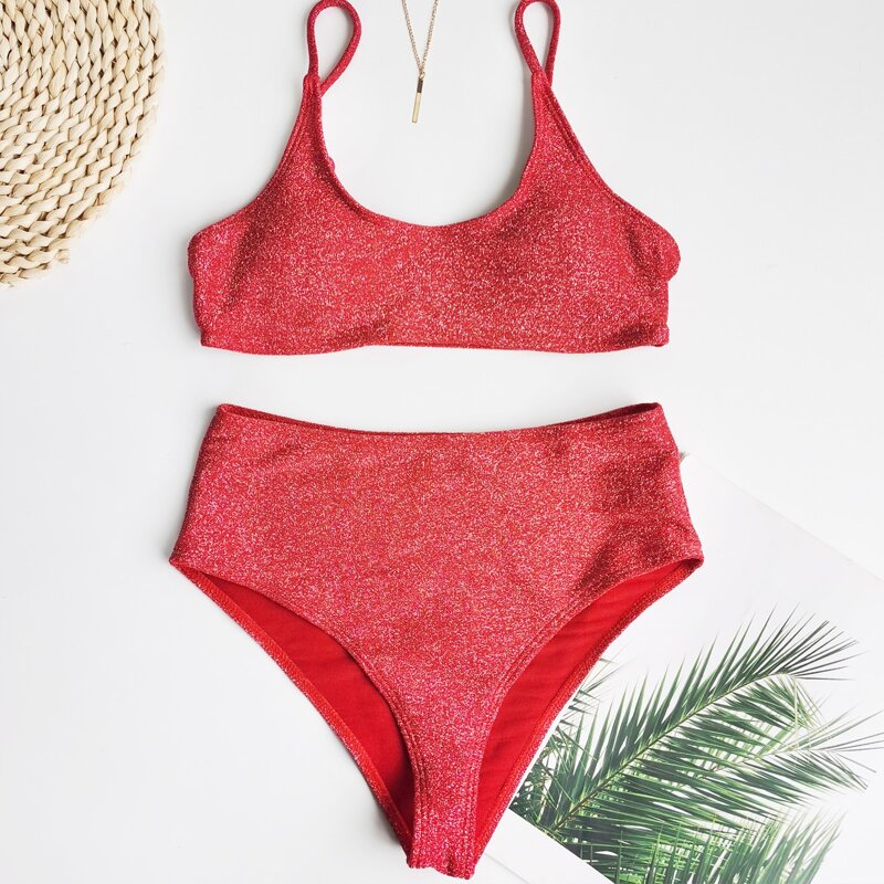 

Glitter High Waisted Bikini Swimsuit, Red