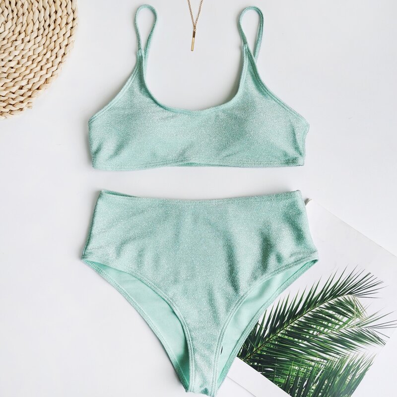 

Glitter High Waisted Bikini Swimsuit, Pastel mint green