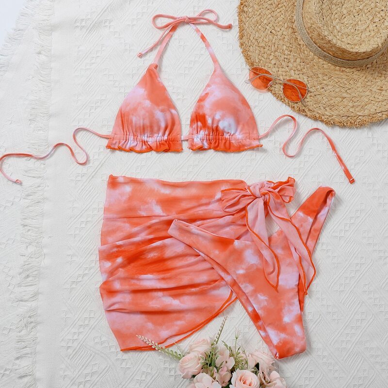 

3pack Tie Dye Triangle Bikini Swimsuit & Beach Skirt, Watermelon pink