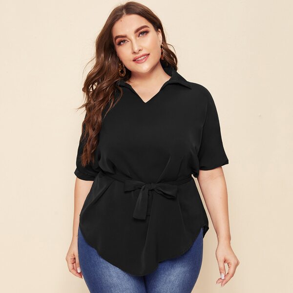 

Plus Puff Sleeve Belted Curved Hem Top, Black