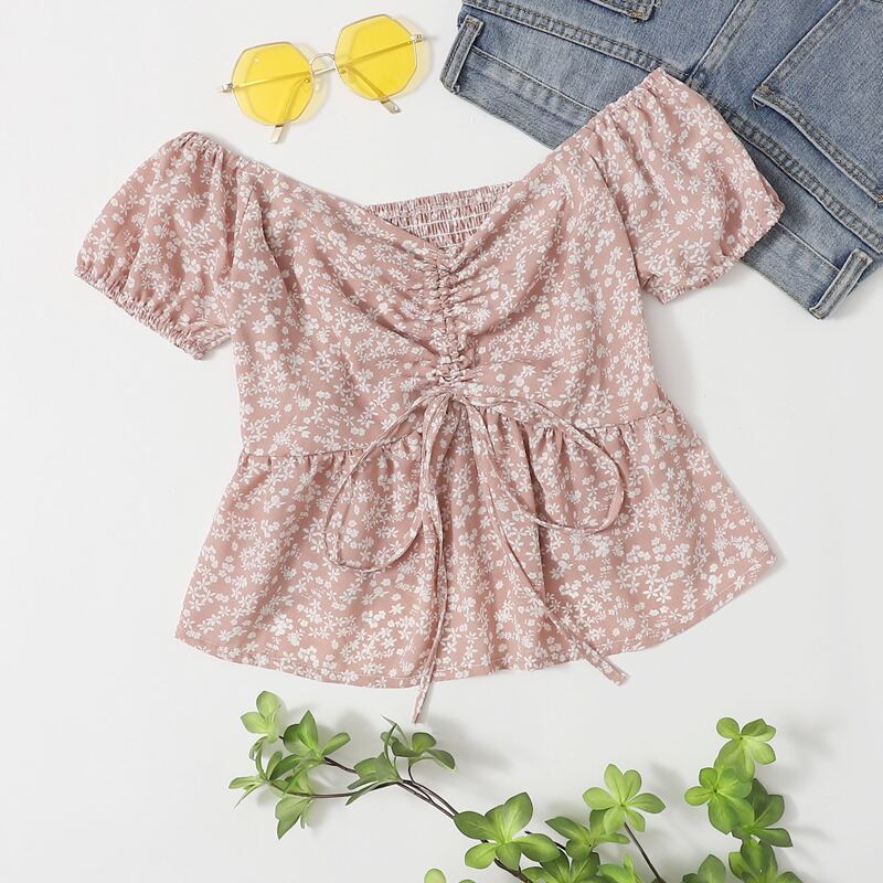 

Ditsy Floral Drawstring Peplum Top, Dusty pink