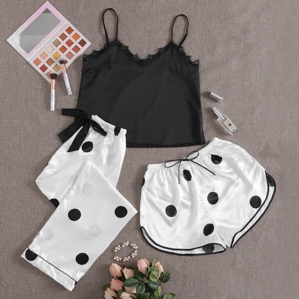 

3pcs Satin Contrast Lace Cami Top & Polka Dot Shorts & Pants PJ Set, Black and white