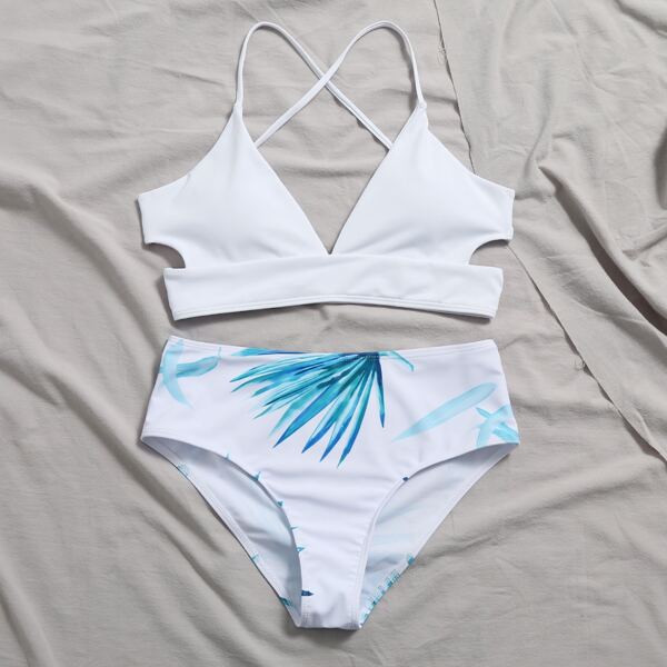

Leaf Print Tie Back Bikini Swimsuit, White
