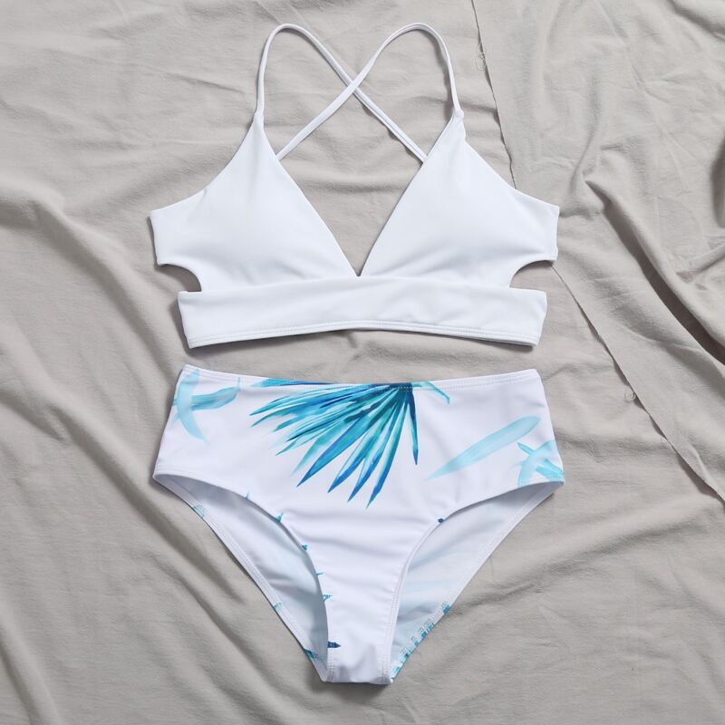 

Leaf Print Tie Back Bikini Swimsuit, White