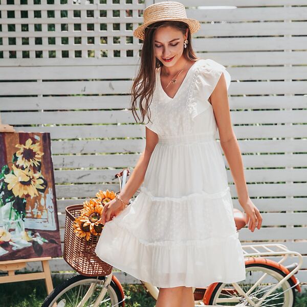 

Tie Back Ruffle Armhole Frill Trim Layered Dress, White
