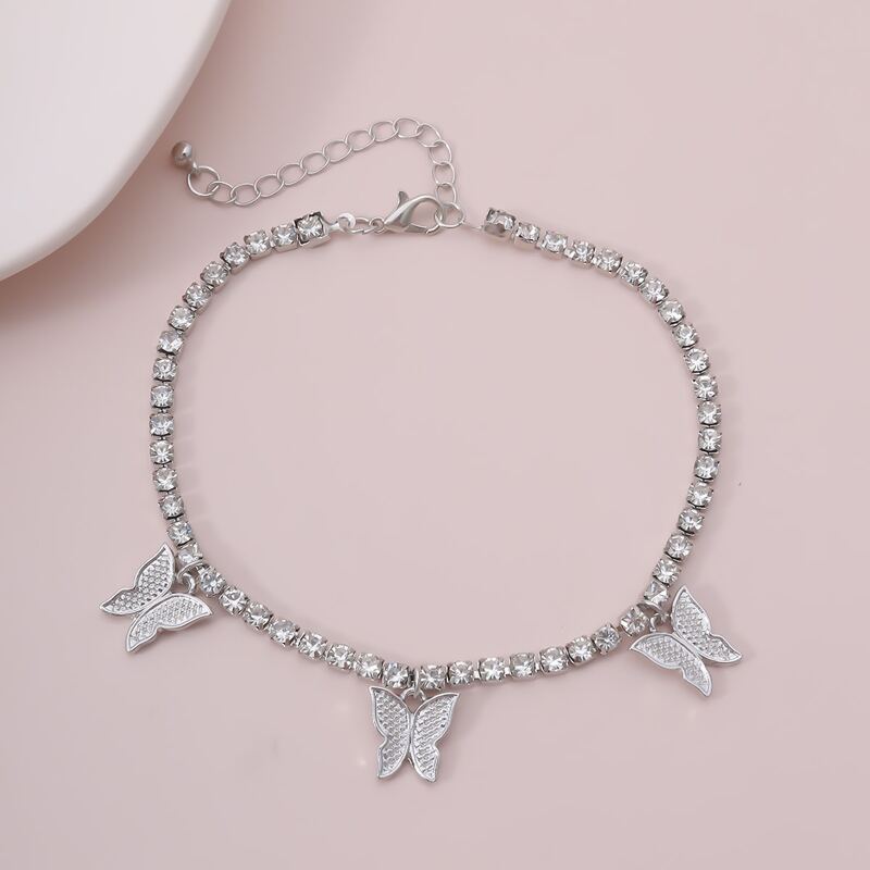 

Butterfly Charm Rhinestone Box Chain Anklet, Silver
