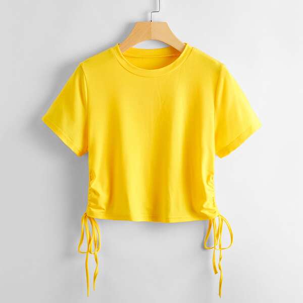 

Drawstring Ruched Side Solid Tee, Yellow
