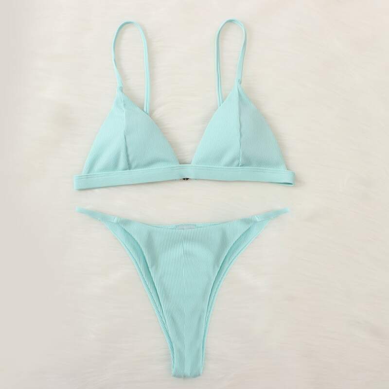 

Rib Triangle Thong Bikini Swimsuit, Mint blue