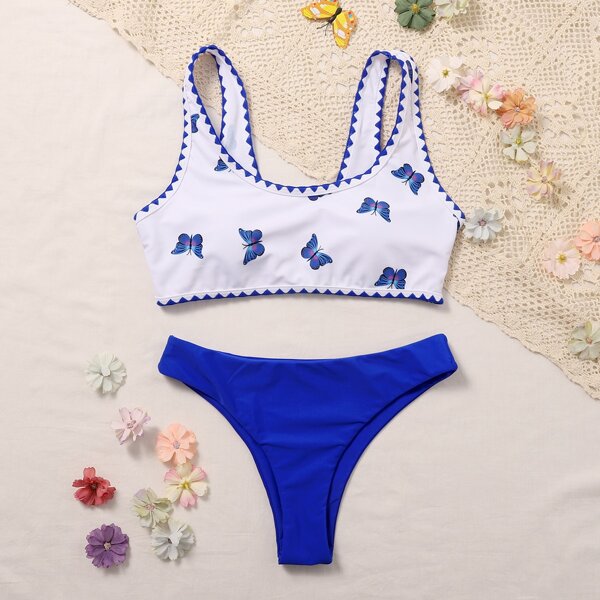 

Butterfly Print Whip Stitch Bikini Swimsuit, Multicolor