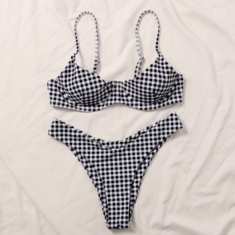 

Gingham Underwire High Cut Bikini Swimsuit, Black and white