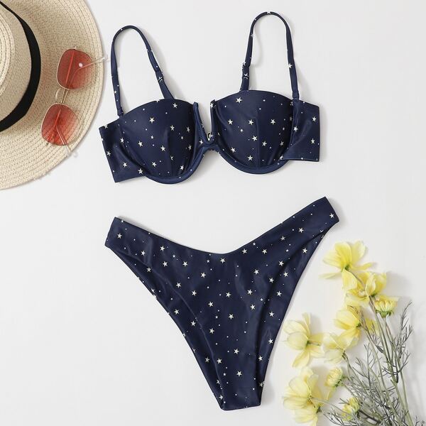 

Galaxy Print V Wired Underwire Bikini Swimsuit, Navy blue