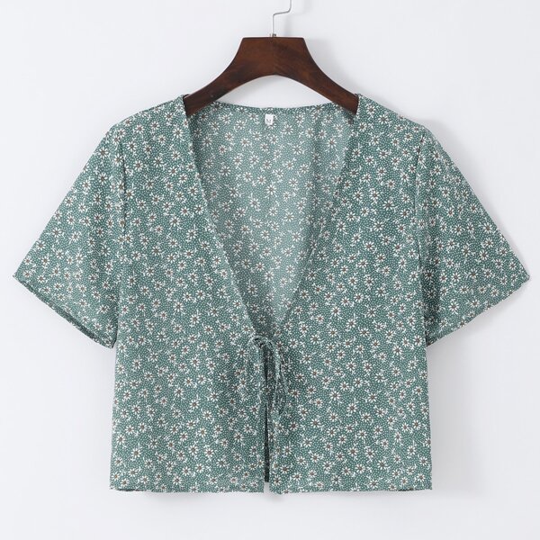 

Daisy Floral Print Knot Front Top, Mint green
