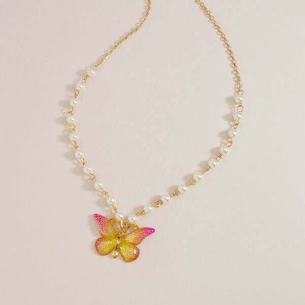 

Butterfly Faux Pearl Charm Necklace, Multicolor