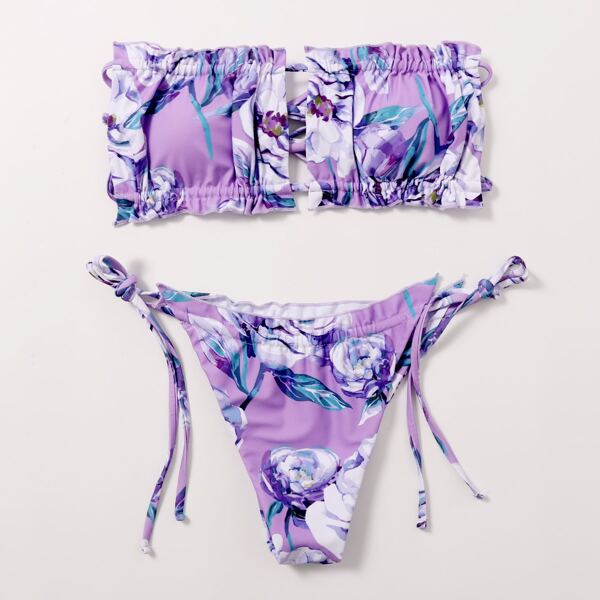 

Floral Ruched Bandeau Tie Side Bikini Swimsuit, Purple