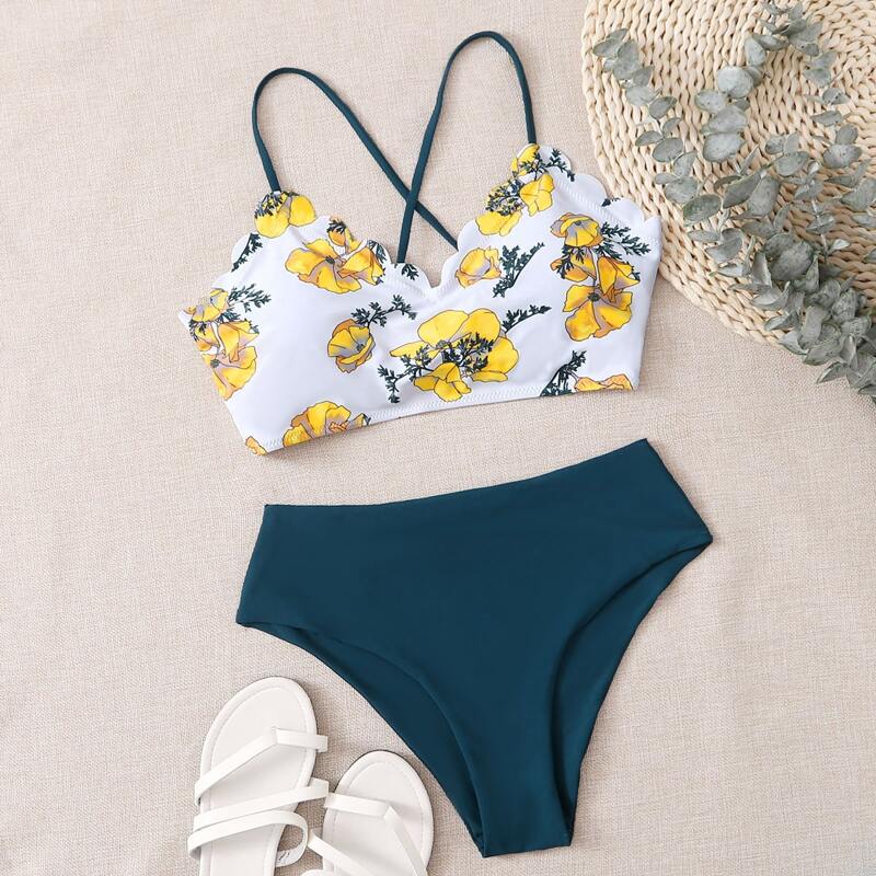 

Floral Scallop Trim Tie Back Bikini Swimsuit, Multicolor