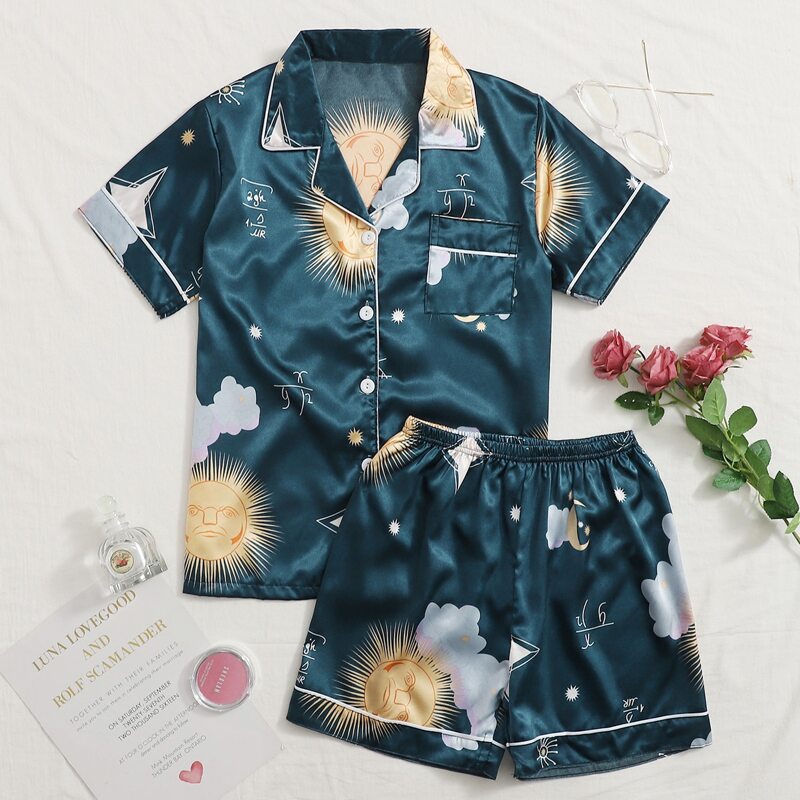 

Sun Print Shirt & Short Set, Navy blue