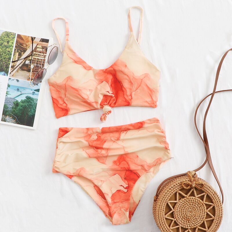 

Water Color Knot Hem Ruched Bikini Swimsuit, Orange bright
